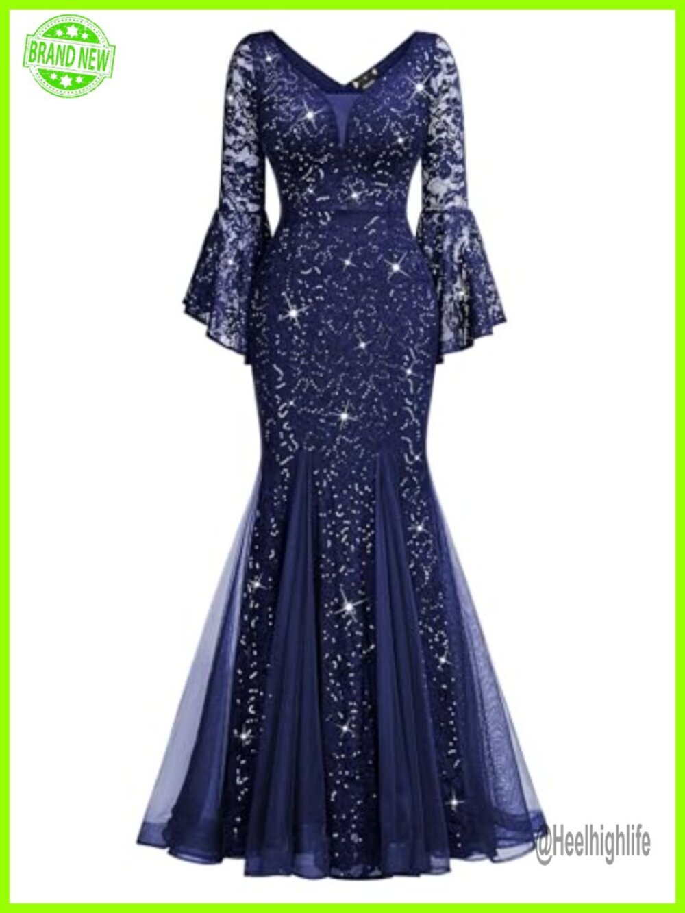 Sequin Lace Tulle Formal Evening Gown Bell Sleeve Mermaid Long Dress - Picture 3 of 6